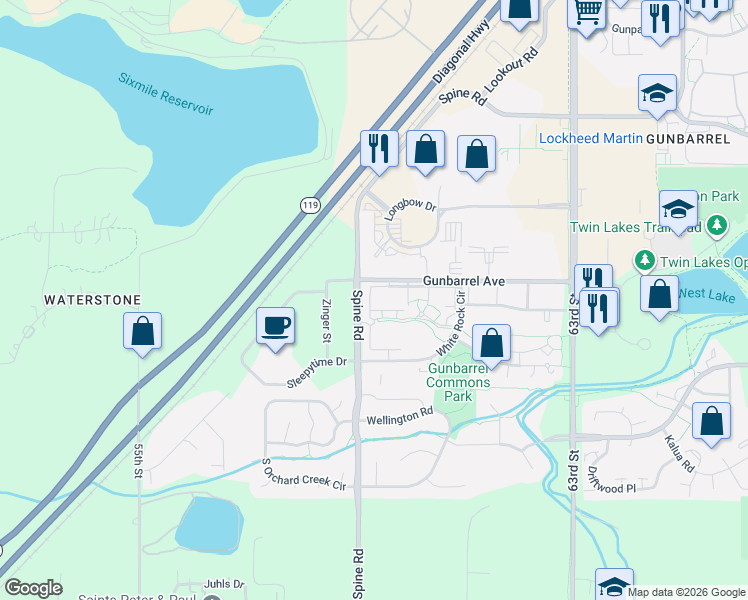 map of restaurants, bars, coffee shops, grocery stores, and more near 5924 Gunbarrel Avenue in Boulder
