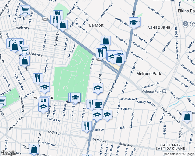 map of restaurants, bars, coffee shops, grocery stores, and more near 7050 North Broad Street in Philadelphia