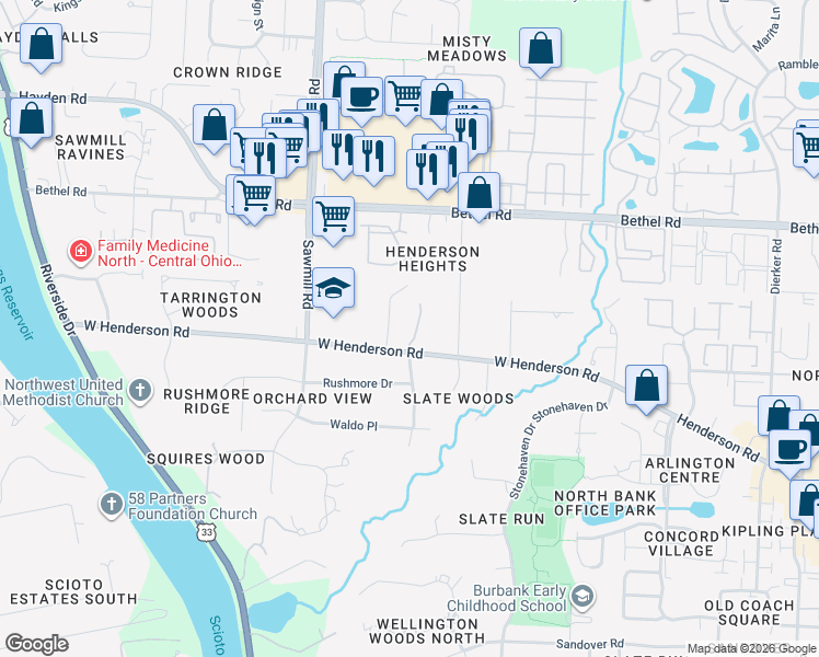 map of restaurants, bars, coffee shops, grocery stores, and more near 5211 Slatey Hollow in Columbus