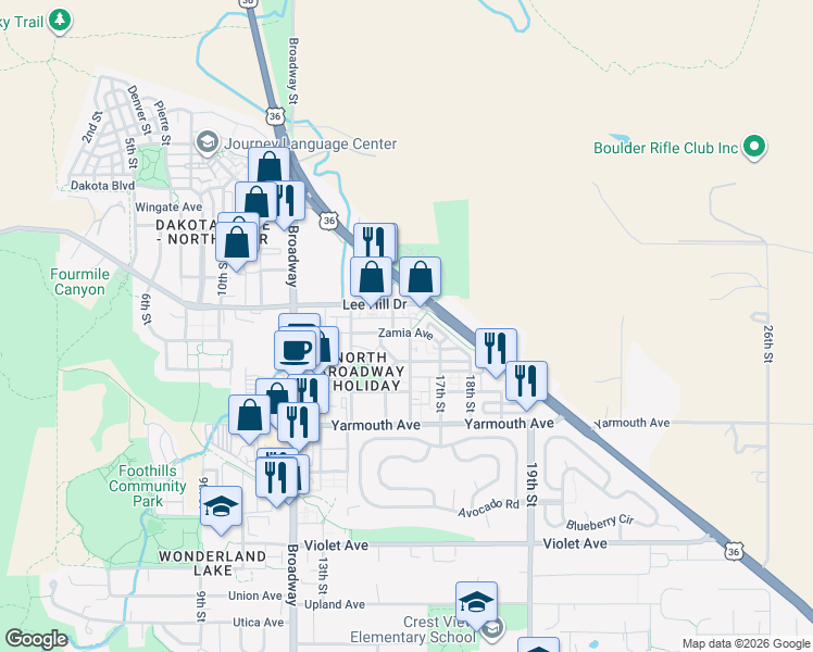 map of restaurants, bars, coffee shops, grocery stores, and more near 1575 Zamia Avenue in Boulder
