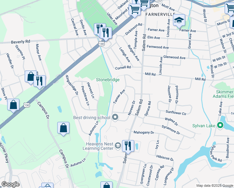 map of restaurants, bars, coffee shops, grocery stores, and more near 1318 Tanner Avenue in Burlington Township