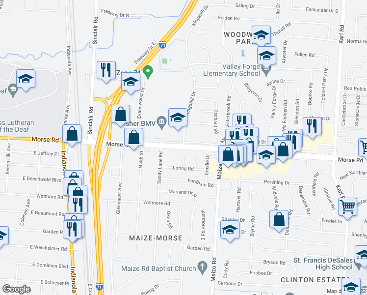 map of restaurants, bars, coffee shops, grocery stores, and more near Morse Road & Kingshill Drive in Columbus