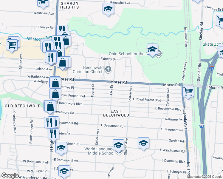 map of restaurants, bars, coffee shops, grocery stores, and more near East Jeffrey Place in Columbus