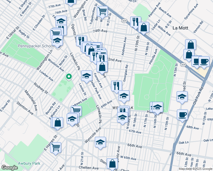map of restaurants, bars, coffee shops, grocery stores, and more near 7000 Ogontz Avenue in Philadelphia