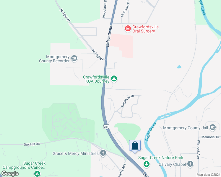 map of restaurants, bars, coffee shops, grocery stores, and more near Lafayette Avenue in Crawfordsville