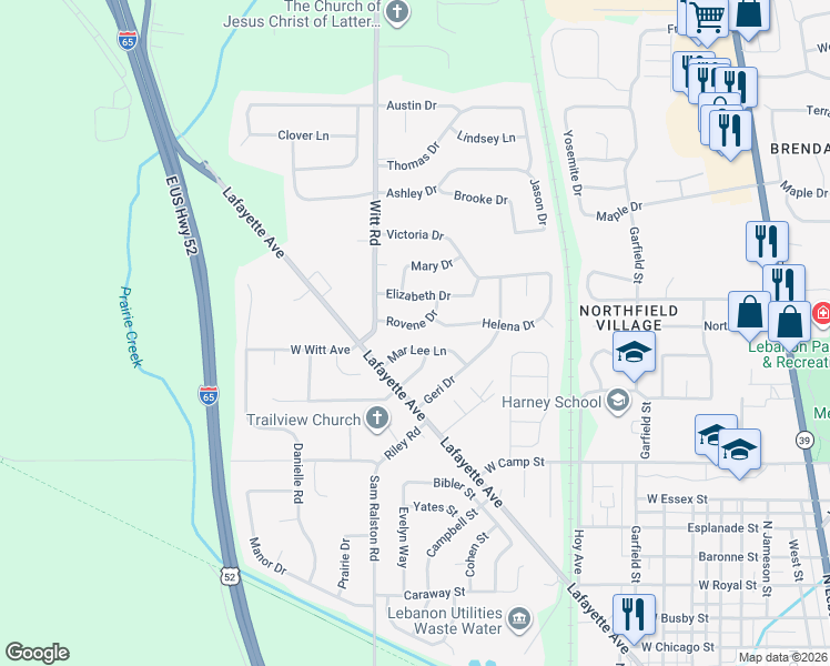 map of restaurants, bars, coffee shops, grocery stores, and more near 1702 Rovene Drive in Lebanon