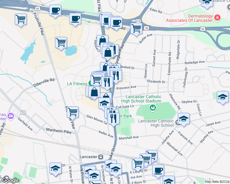 map of restaurants, bars, coffee shops, grocery stores, and more near 1405 Oregon Pike in Lancaster