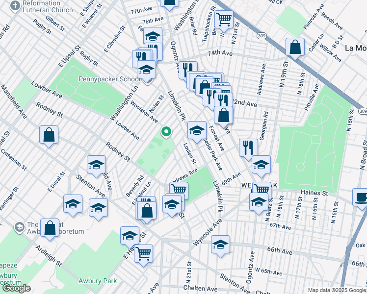 map of restaurants, bars, coffee shops, grocery stores, and more near 7120 Louise Street in Philadelphia