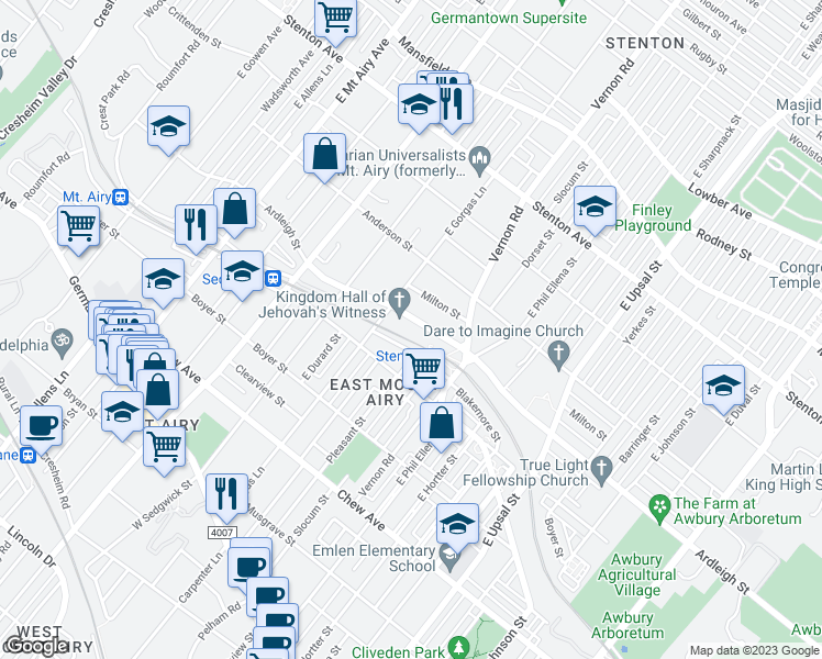 map of restaurants, bars, coffee shops, grocery stores, and more near 6814 Ardleigh Street in Philadelphia