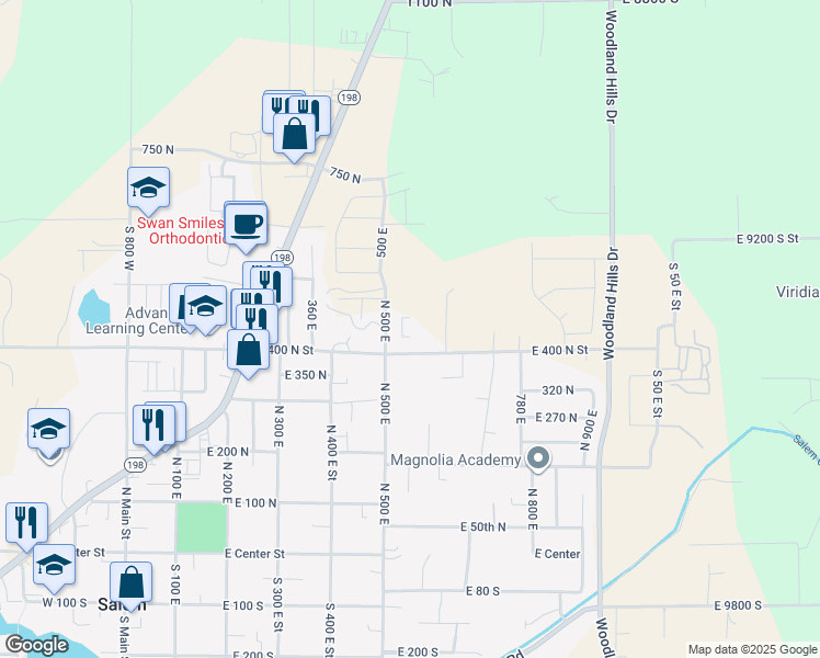 map of restaurants, bars, coffee shops, grocery stores, and more near 515 East 400 North Street in Salem