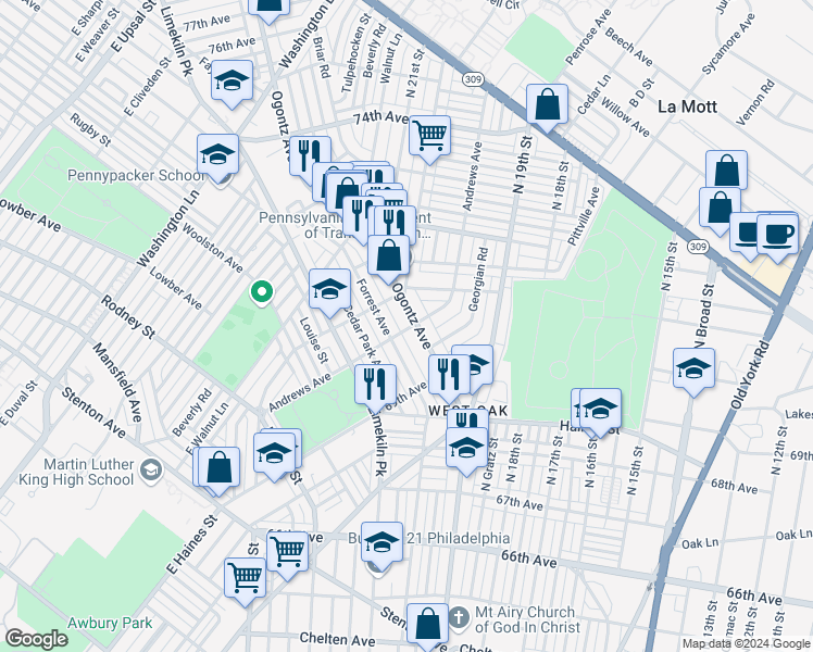 map of restaurants, bars, coffee shops, grocery stores, and more near 7000 Ogontz Avenue in Philadelphia