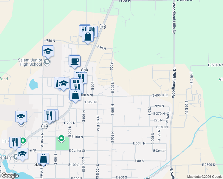 map of restaurants, bars, coffee shops, grocery stores, and more near 443 North 500 East in Salem