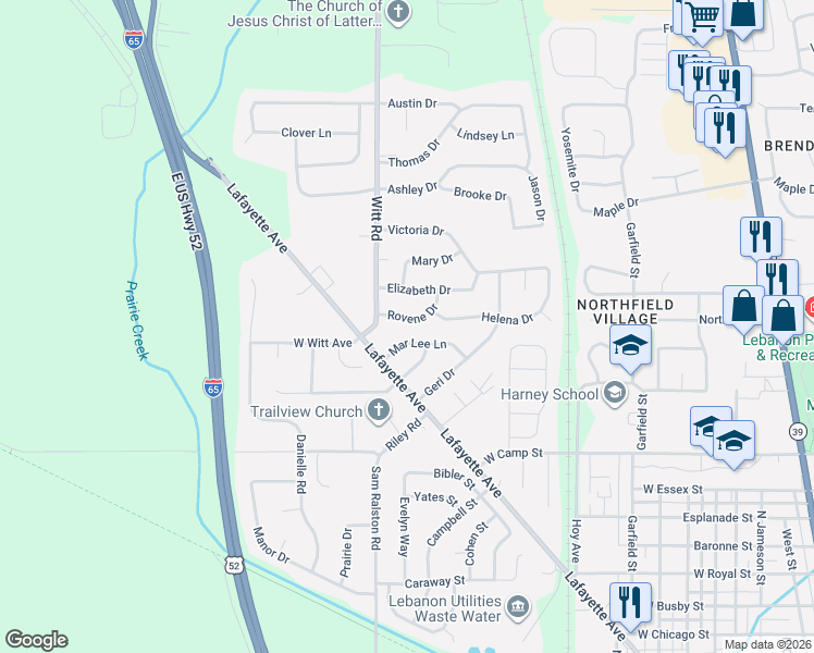 map of restaurants, bars, coffee shops, grocery stores, and more near 1522 Rovene Drive in Lebanon