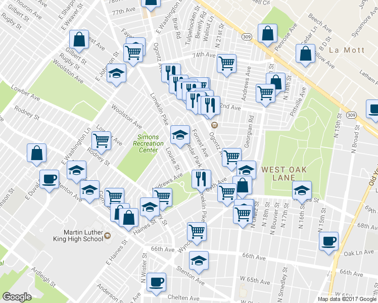 map of restaurants, bars, coffee shops, grocery stores, and more near 7042 Cedar Park Avenue in Philadelphia