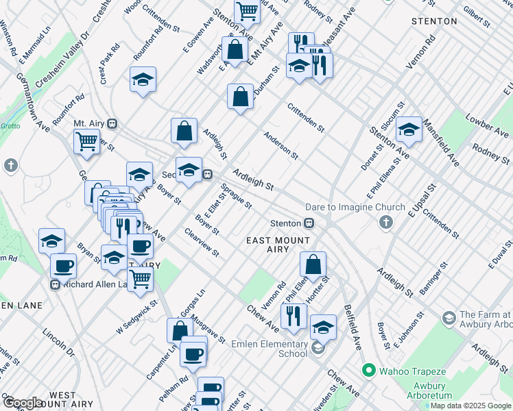 map of restaurants, bars, coffee shops, grocery stores, and more near 6919 Sprague Street in Philadelphia