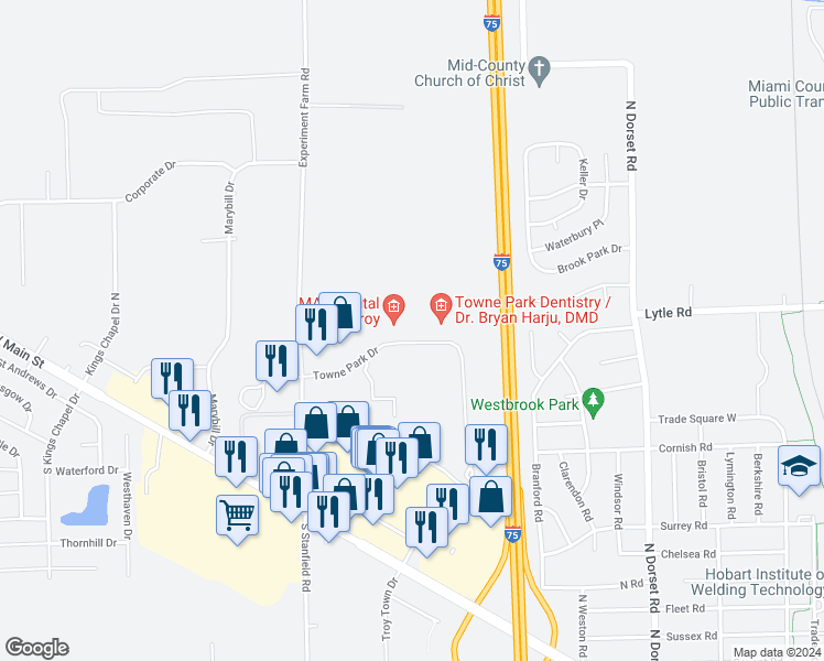 map of restaurants, bars, coffee shops, grocery stores, and more near 1849 Towne Park Drive in Troy