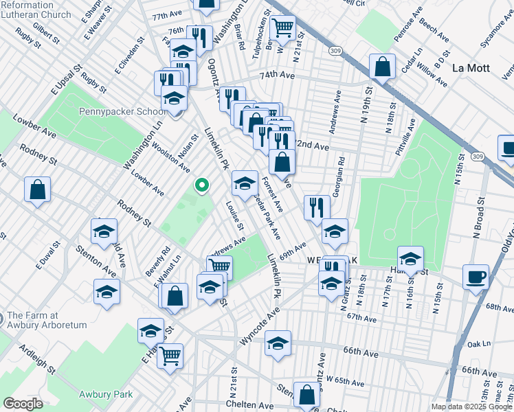 map of restaurants, bars, coffee shops, grocery stores, and more near 7042 Cedar Park Avenue in Philadelphia