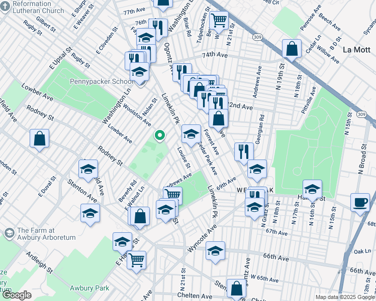 map of restaurants, bars, coffee shops, grocery stores, and more near 7106 Limekiln Pike in Philadelphia