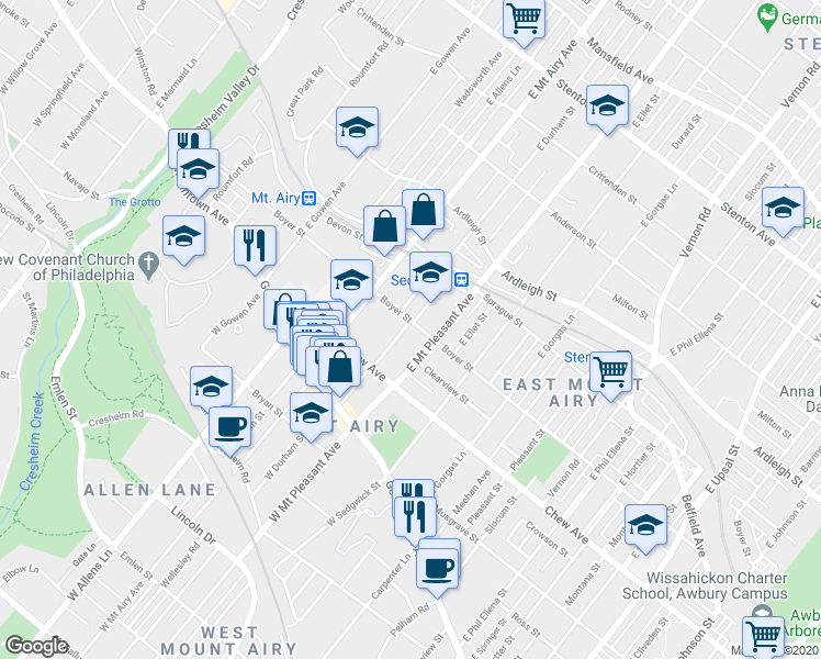 map of restaurants, bars, coffee shops, grocery stores, and more near 7116 Boyer Street in Philadelphia