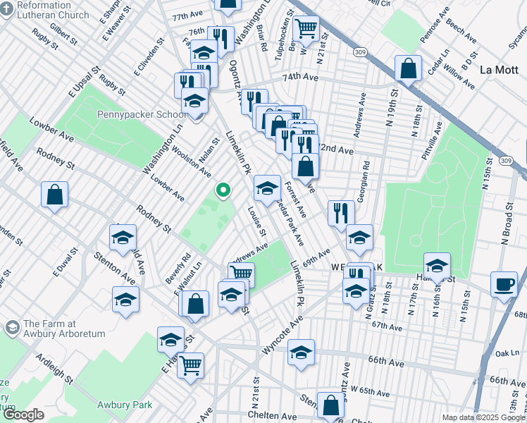 map of restaurants, bars, coffee shops, grocery stores, and more near 7106 Limekiln Pike in Philadelphia