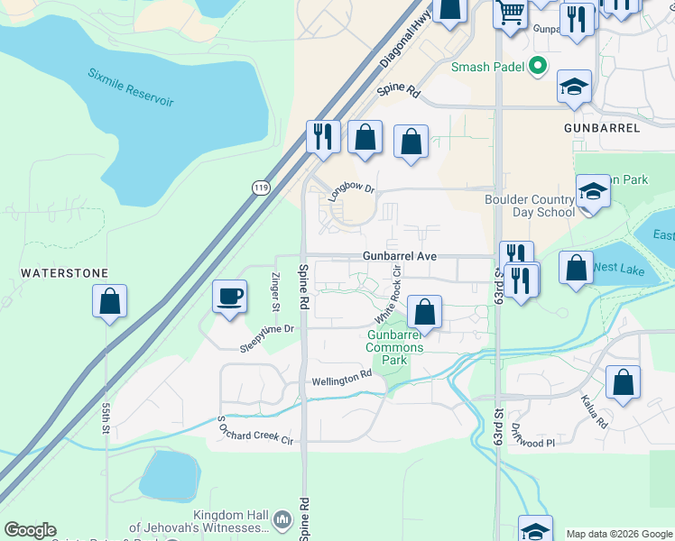 map of restaurants, bars, coffee shops, grocery stores, and more near 5920 Longbow Drive in Boulder
