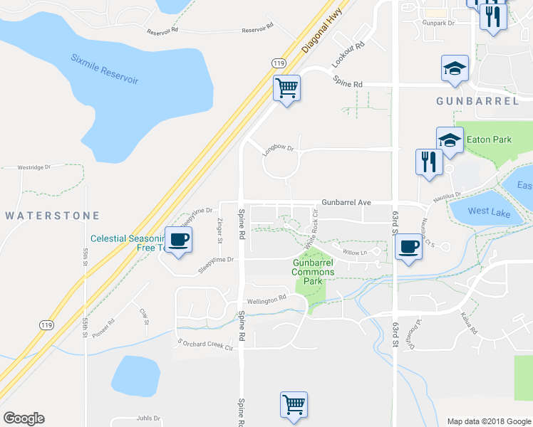 map of restaurants, bars, coffee shops, grocery stores, and more near 5920 Longbow Drive in Boulder