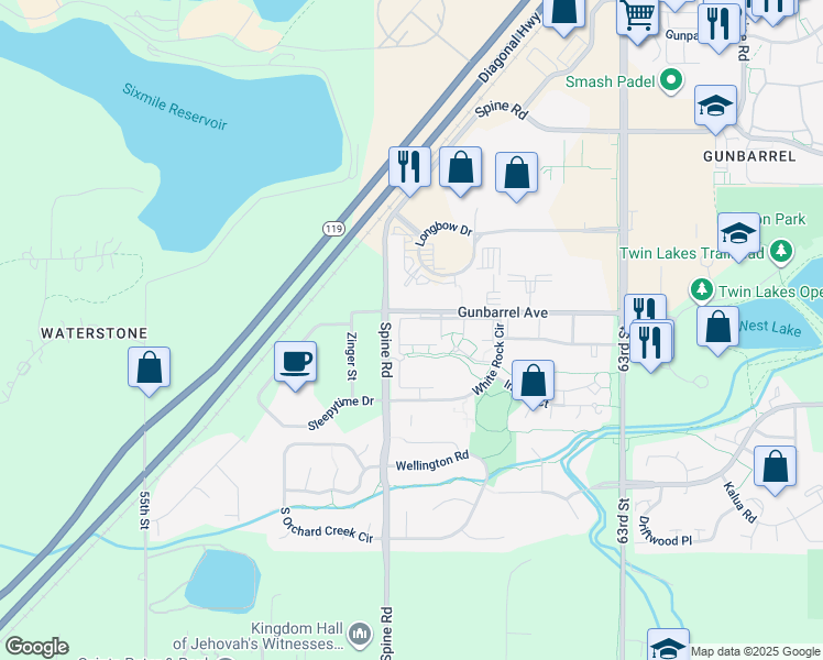 map of restaurants, bars, coffee shops, grocery stores, and more near 5920 Longbow Drive in Boulder