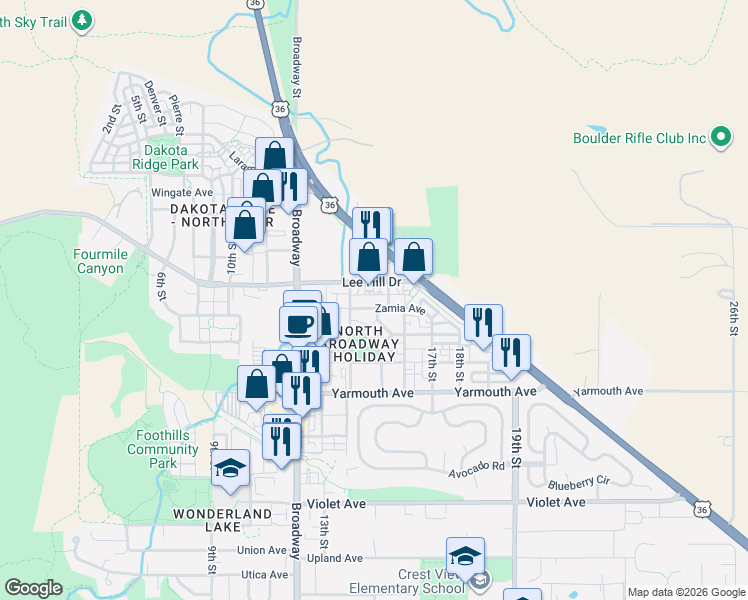 map of restaurants, bars, coffee shops, grocery stores, and more near 1441 Lee Hill Drive in Boulder