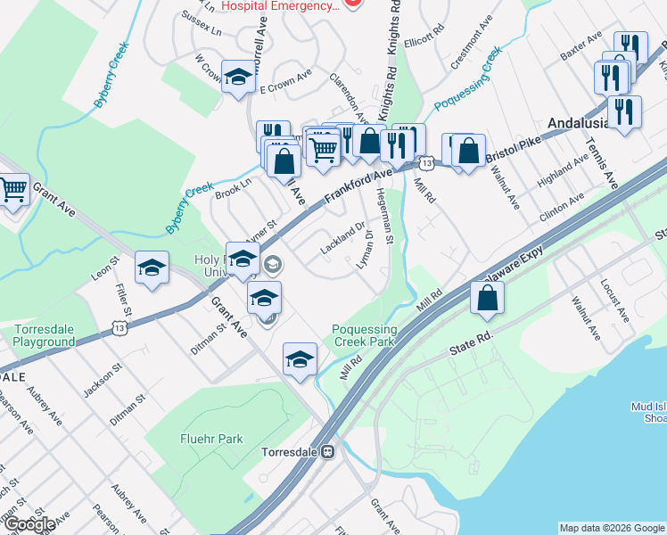 map of restaurants, bars, coffee shops, grocery stores, and more near 9868 Lackland Drive in Philadelphia