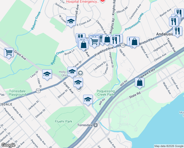 map of restaurants, bars, coffee shops, grocery stores, and more near 9868 Lackland Drive in Philadelphia