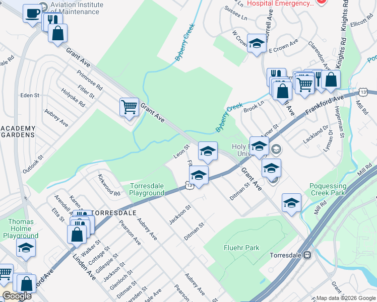 map of restaurants, bars, coffee shops, grocery stores, and more near 3850 Grant Avenue in Philadelphia