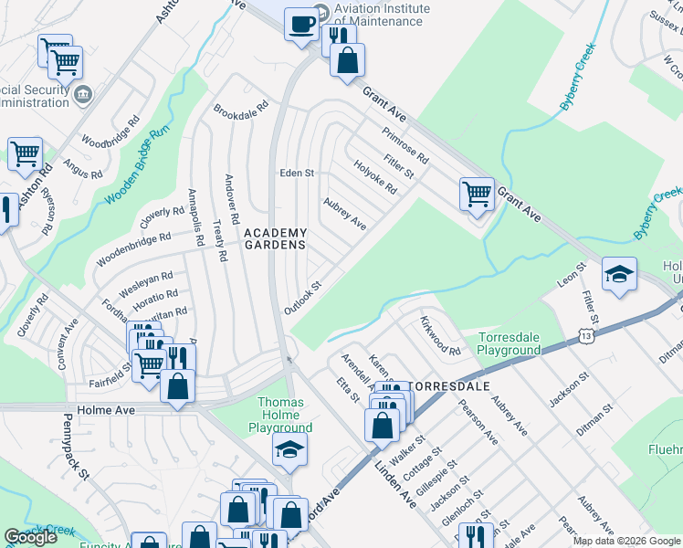map of restaurants, bars, coffee shops, grocery stores, and more near 3490 Kirkwood Road in Philadelphia