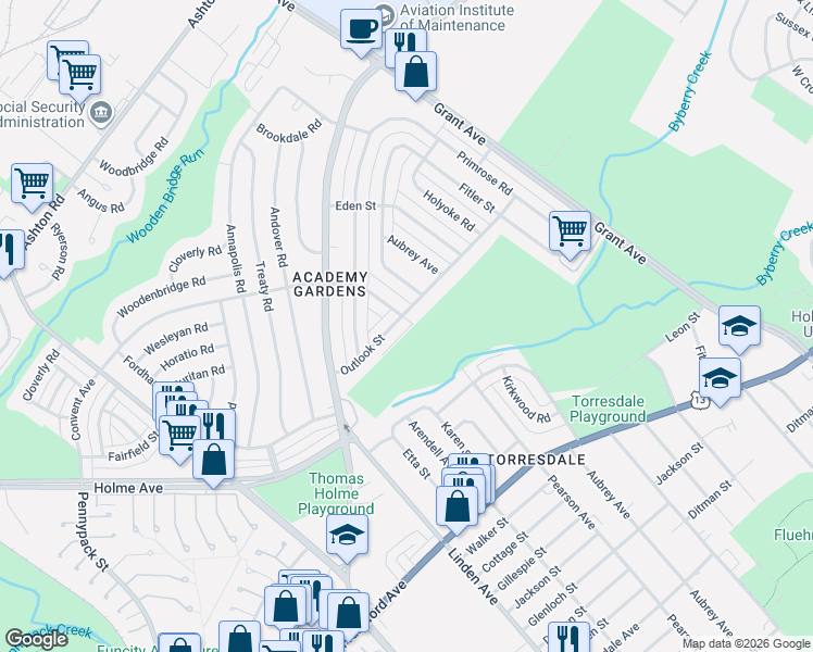 map of restaurants, bars, coffee shops, grocery stores, and more near 3490 Kirkwood Road in Philadelphia