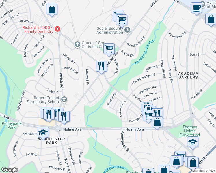 map of restaurants, bars, coffee shops, grocery stores, and more near 9105 Ryerson Road in Philadelphia