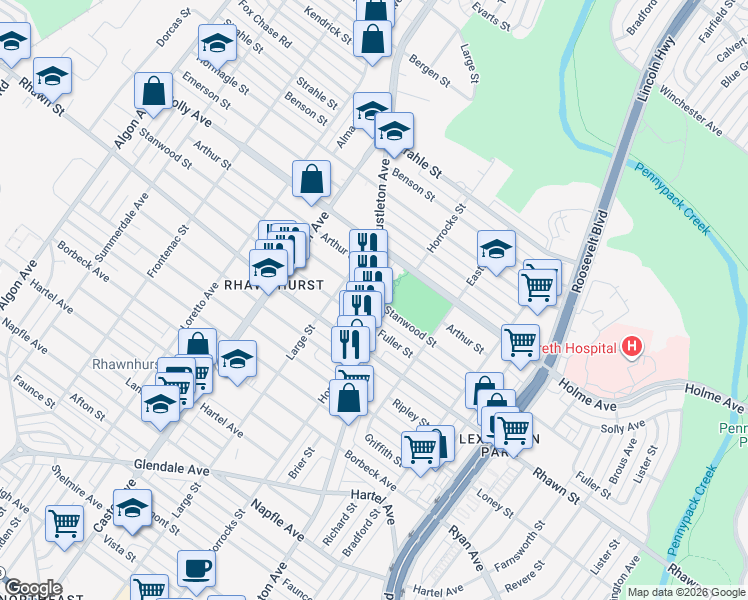 map of restaurants, bars, coffee shops, grocery stores, and more near 8105 Large Street in Philadelphia