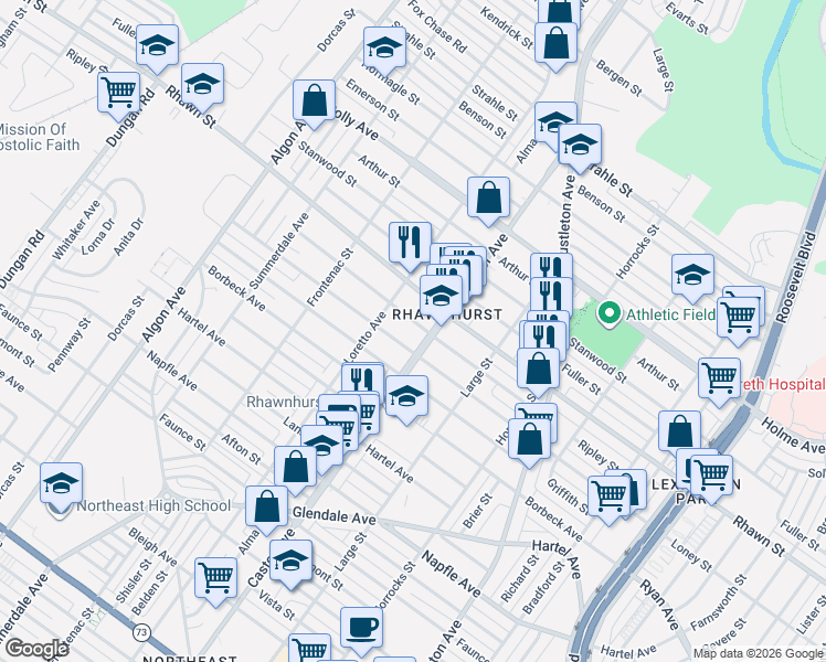 map of restaurants, bars, coffee shops, grocery stores, and more near 1924 Rhawn Street in Philadelphia