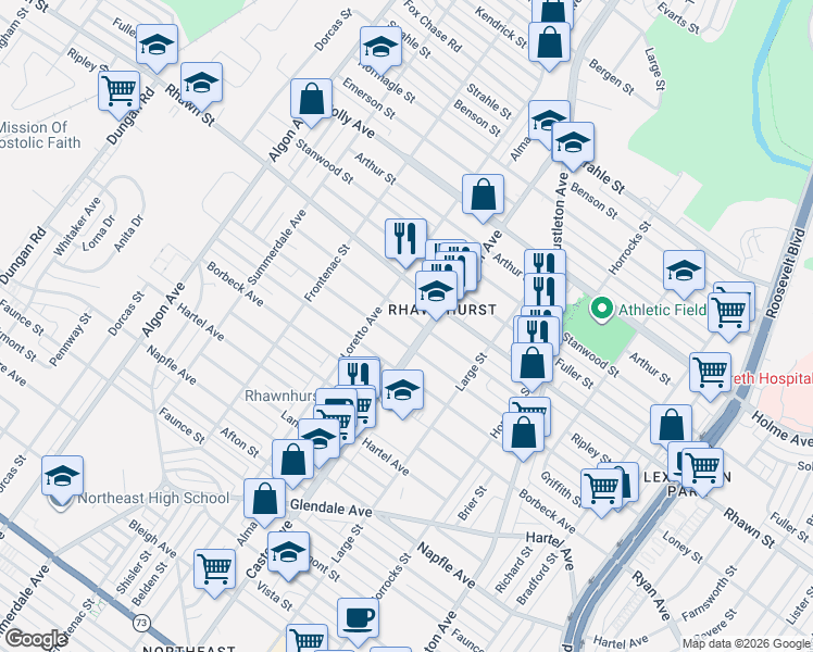 map of restaurants, bars, coffee shops, grocery stores, and more near 1924 Rhawn Street in Philadelphia