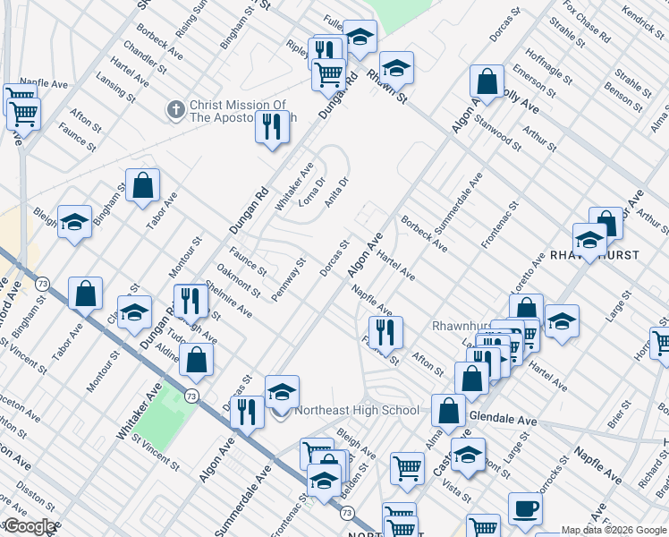 map of restaurants, bars, coffee shops, grocery stores, and more near 7708 Dorcas Street in Philadelphia