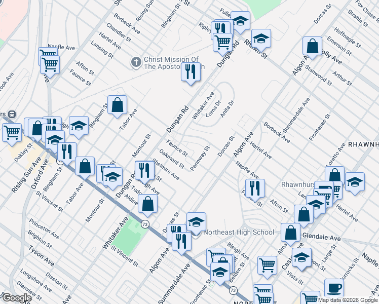 map of restaurants, bars, coffee shops, grocery stores, and more near 1402 Napfle Avenue in Philadelphia