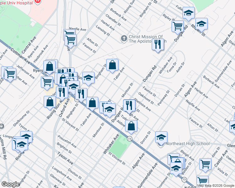 map of restaurants, bars, coffee shops, grocery stores, and more near 1233 Shelmire Avenue in Philadelphia