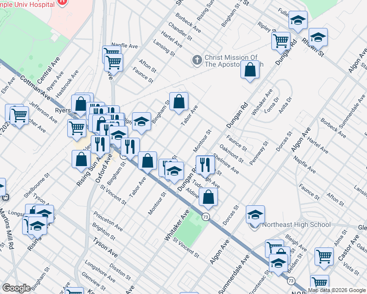 map of restaurants, bars, coffee shops, grocery stores, and more near 7427 Tabor Avenue in Philadelphia