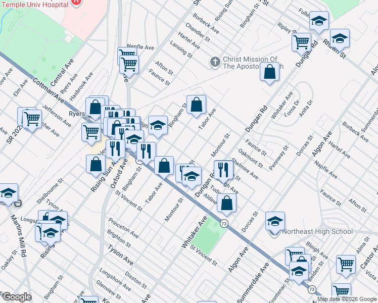 map of restaurants, bars, coffee shops, grocery stores, and more near 7427 Tabor Avenue in Philadelphia