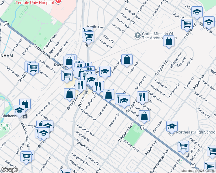 map of restaurants, bars, coffee shops, grocery stores, and more near 7340 Bingham Street in Philadelphia