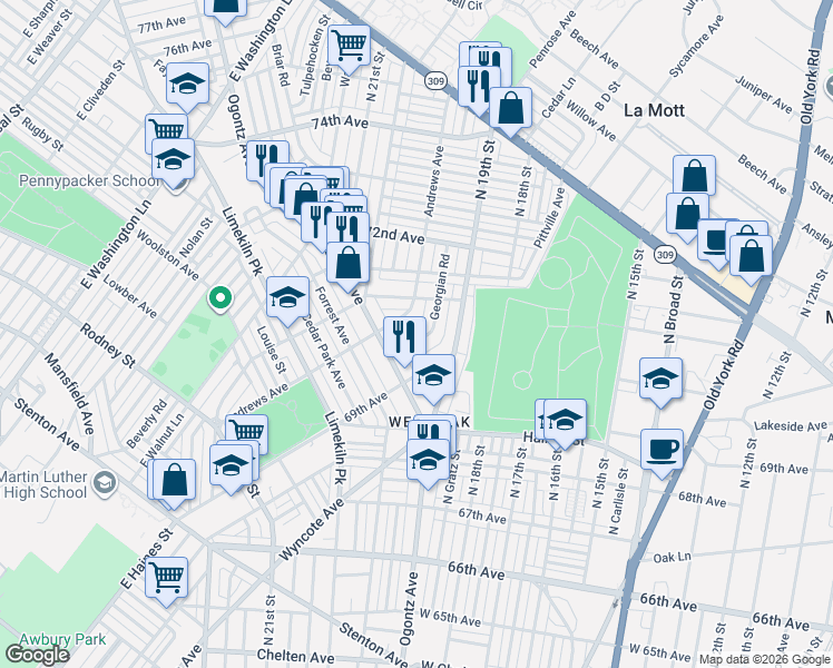 map of restaurants, bars, coffee shops, grocery stores, and more near 1950 71st Avenue in Philadelphia