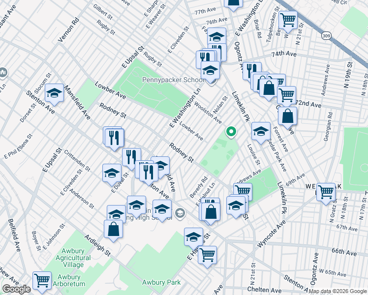 map of restaurants, bars, coffee shops, grocery stores, and more near 1627 Mayland Street in Philadelphia