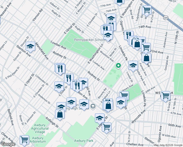 map of restaurants, bars, coffee shops, grocery stores, and more near 1627 Mayland Street in Philadelphia