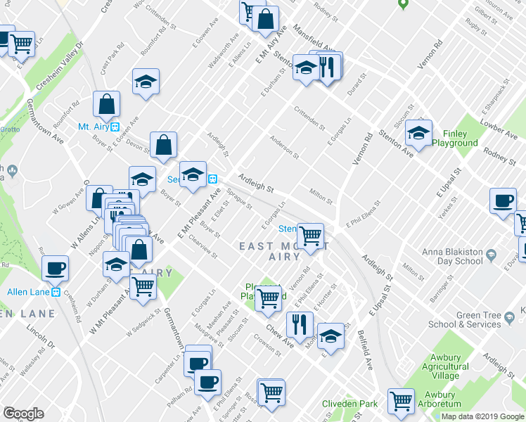 map of restaurants, bars, coffee shops, grocery stores, and more near 6912 Ardleigh Street in Philadelphia