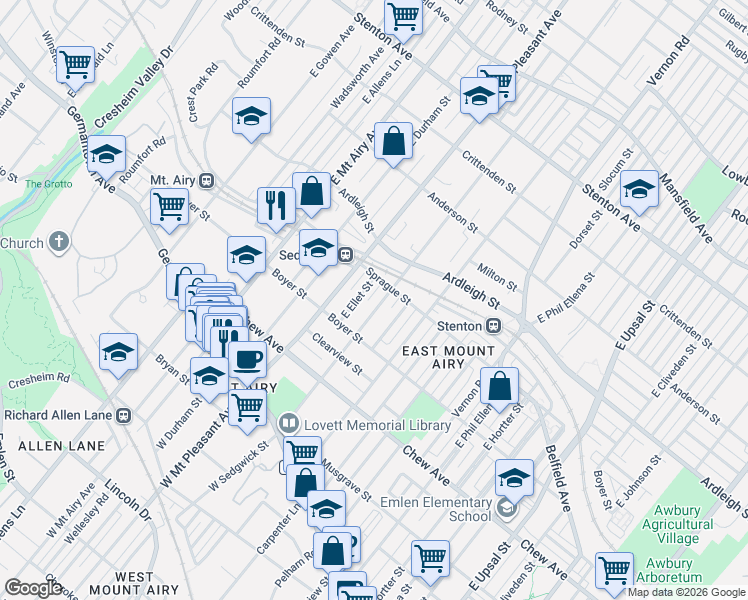 map of restaurants, bars, coffee shops, grocery stores, and more near 237 East Ellet Street in Philadelphia