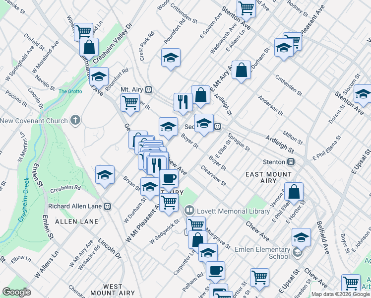 map of restaurants, bars, coffee shops, grocery stores, and more near 7133 Boyer Street in Philadelphia