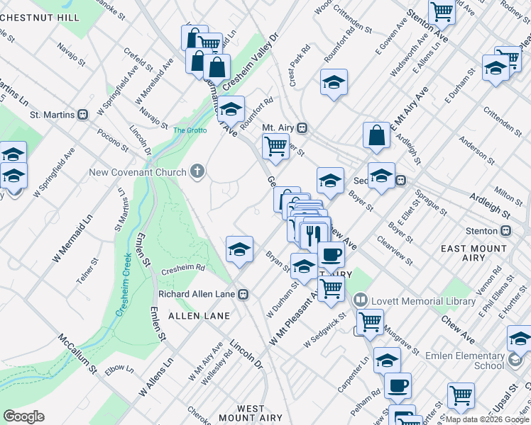 map of restaurants, bars, coffee shops, grocery stores, and more near 35 West Gowen Avenue in Philadelphia